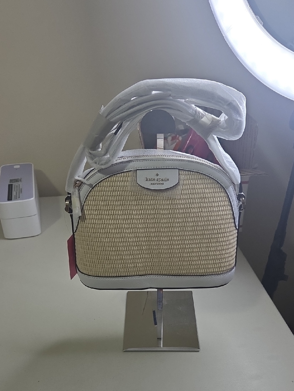 kate spade Slyvia  Straw Dome Crossbody with White Trim